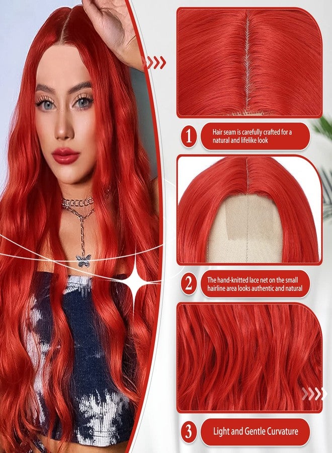 BUPPLER شعر مستعار طويل أحمر فاقع من BUPPLER، بطول 28 بوصة، فرق وسطي، شعر مستعار صناعي، شعر مستعار واقعي، هدايا، شعر مستعار للحفلات، شعر مستعار ملون للاستخدام اليومي (أحمر فاقع) - Image 4